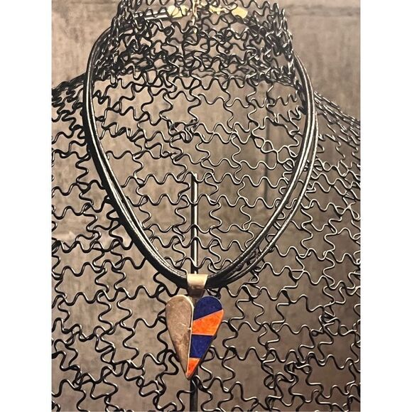 Jay King DTR Lapis Coral Inlay Heart Black Leather 925 Sterling Necklace - Picture 1 of 9